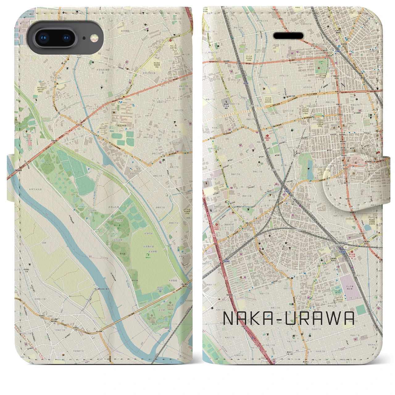 【中浦和】地図柄iPhoneケース（手帳両面タイプ・ナチュラル）iPhone 8Plus /7Plus / 6sPlus / 6Plus 用