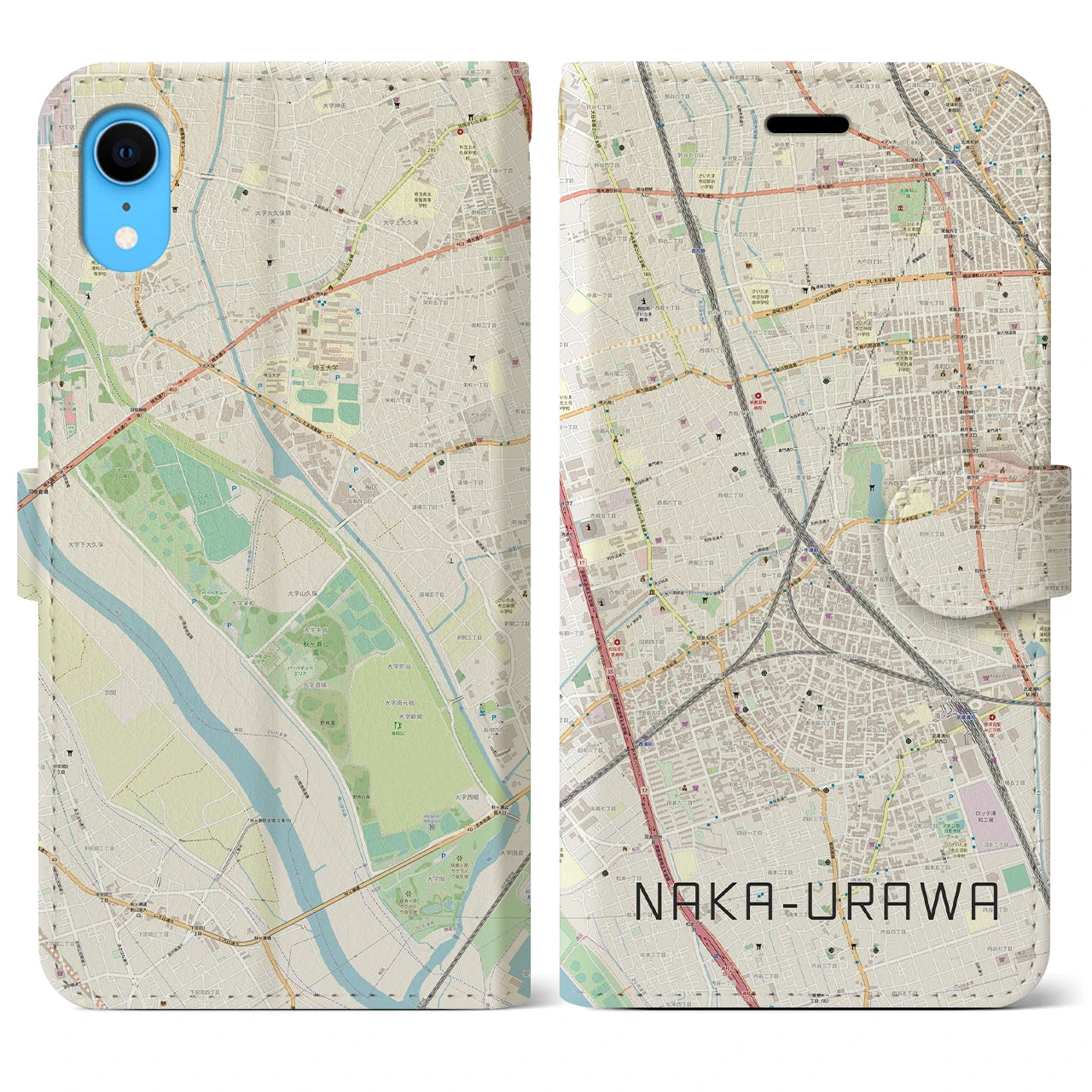 【中浦和】地図柄iPhoneケース（手帳両面タイプ・ナチュラル）iPhone XR 用