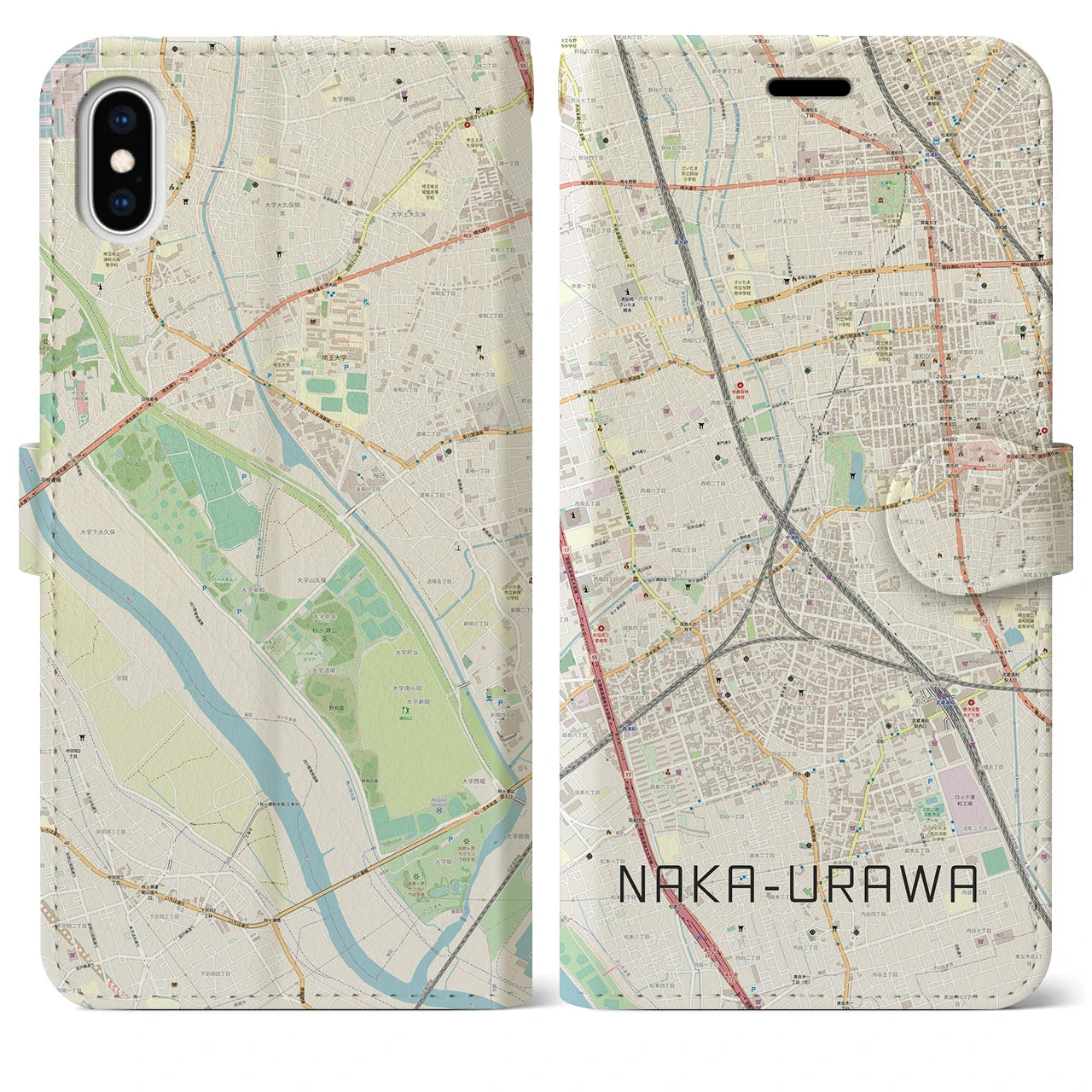 【中浦和】地図柄iPhoneケース（手帳両面タイプ・ナチュラル）iPhone XS Max 用