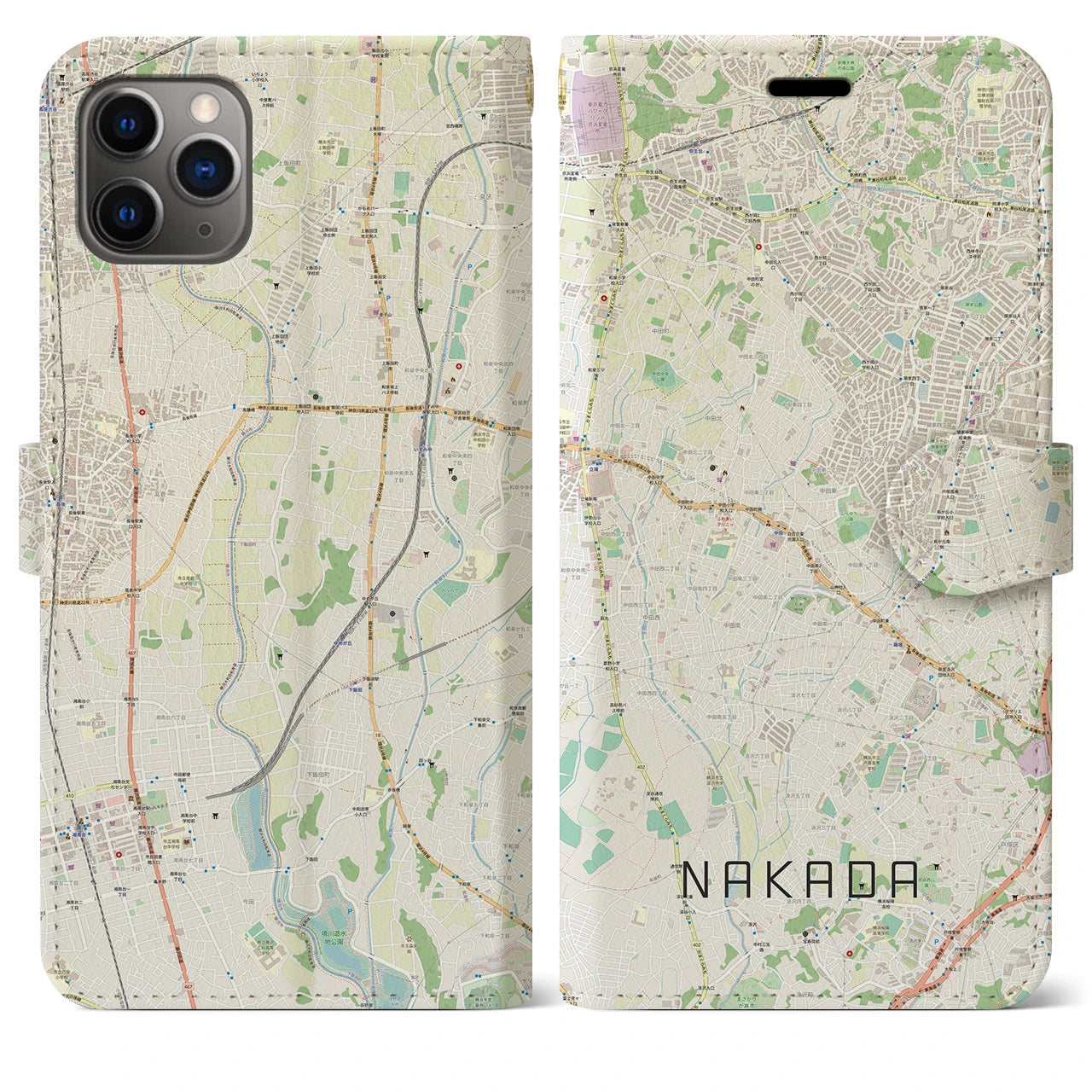 【中田】地図柄iPhoneケース（手帳両面タイプ・ナチュラル）iPhone 11 Pro Max 用