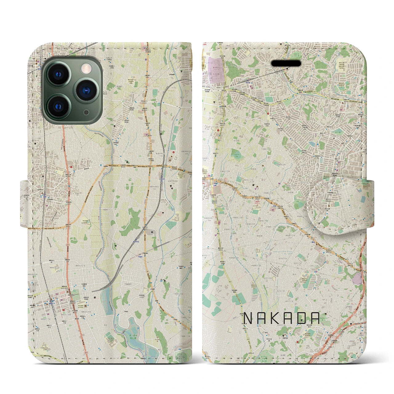【中田】地図柄iPhoneケース（手帳両面タイプ・ナチュラル）iPhone 11 Pro 用