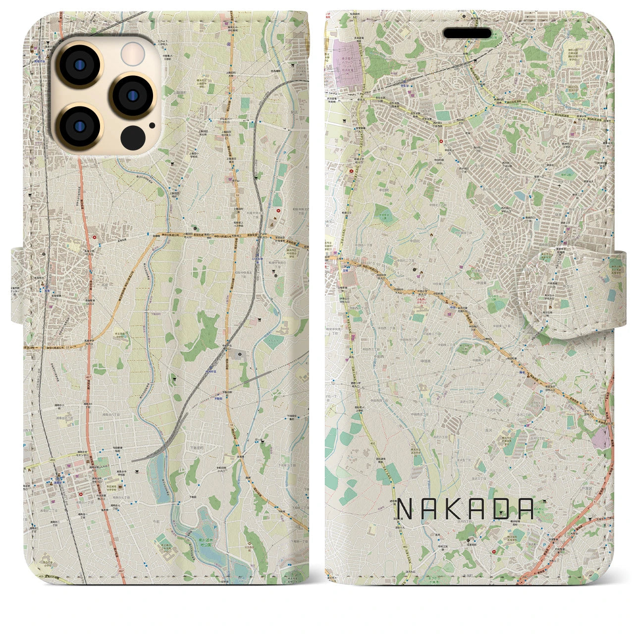 【中田】地図柄iPhoneケース（手帳両面タイプ・ナチュラル）iPhone 12 Pro Max 用