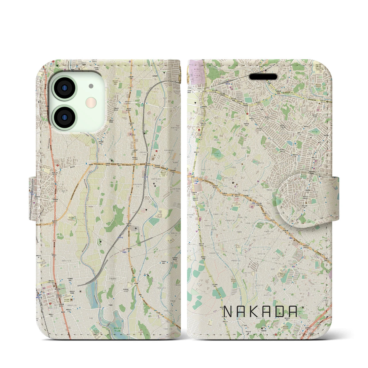 【中田】地図柄iPhoneケース（手帳両面タイプ・ナチュラル）iPhone 12 mini 用
