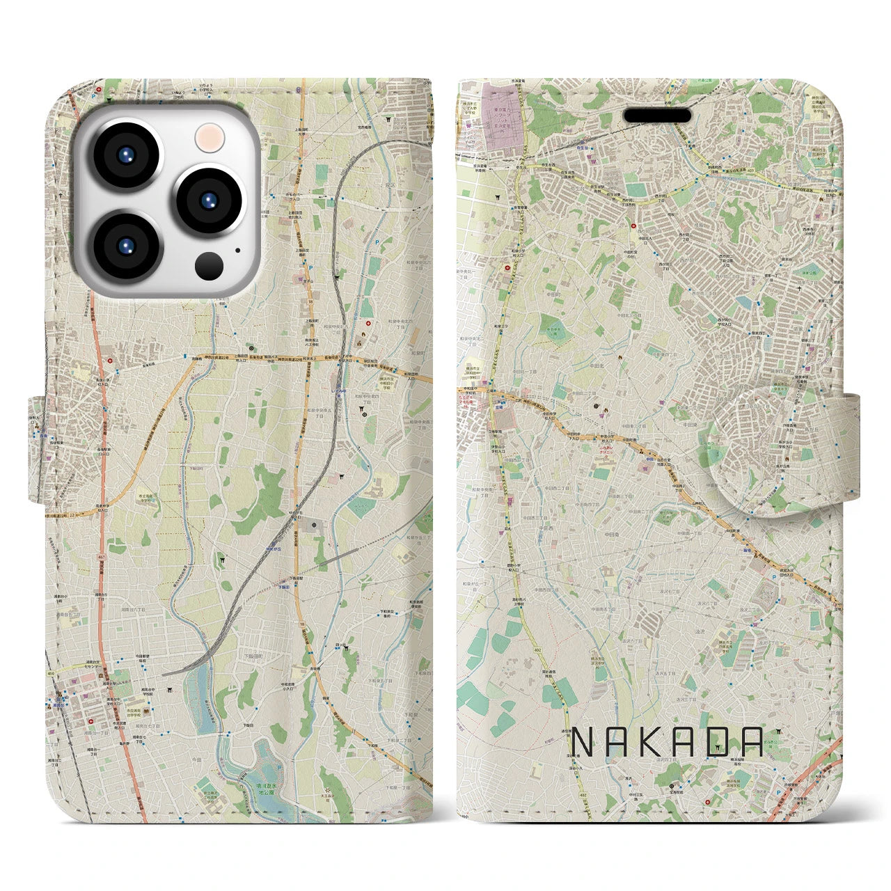 【中田】地図柄iPhoneケース（手帳両面タイプ・ナチュラル）iPhone 13 Pro 用