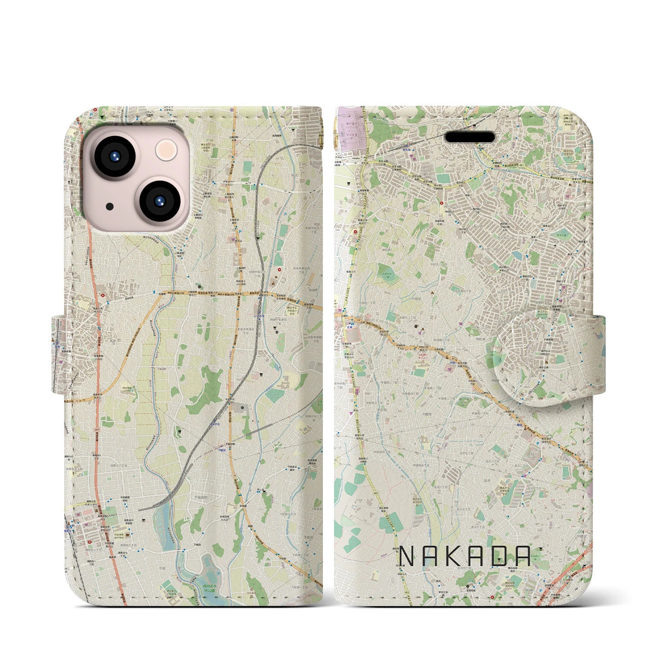 【中田】地図柄iPhoneケース（手帳両面タイプ・ナチュラル）iPhone 13 mini 用