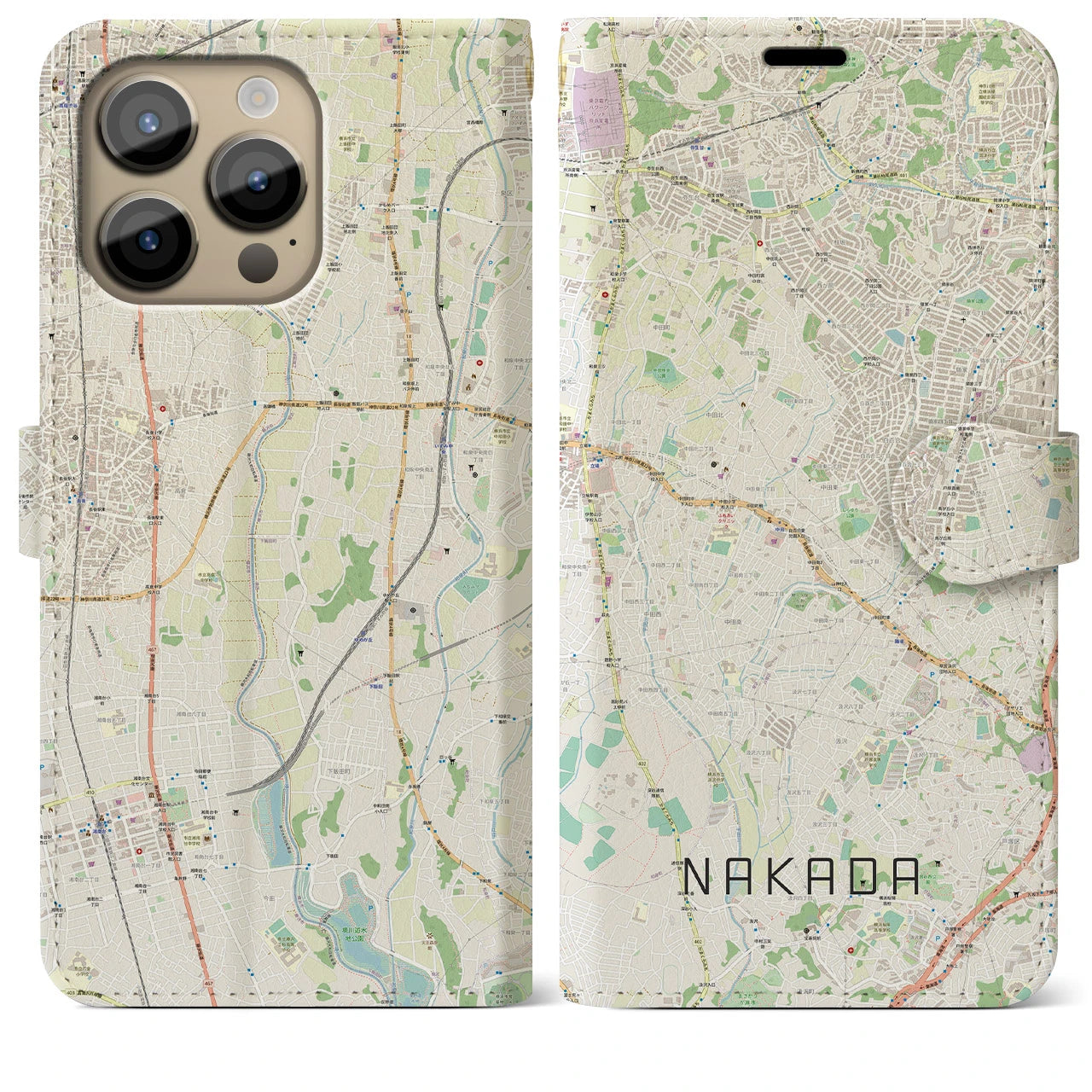 【中田】地図柄iPhoneケース（手帳両面タイプ・ナチュラル）iPhone 14 Pro Max 用