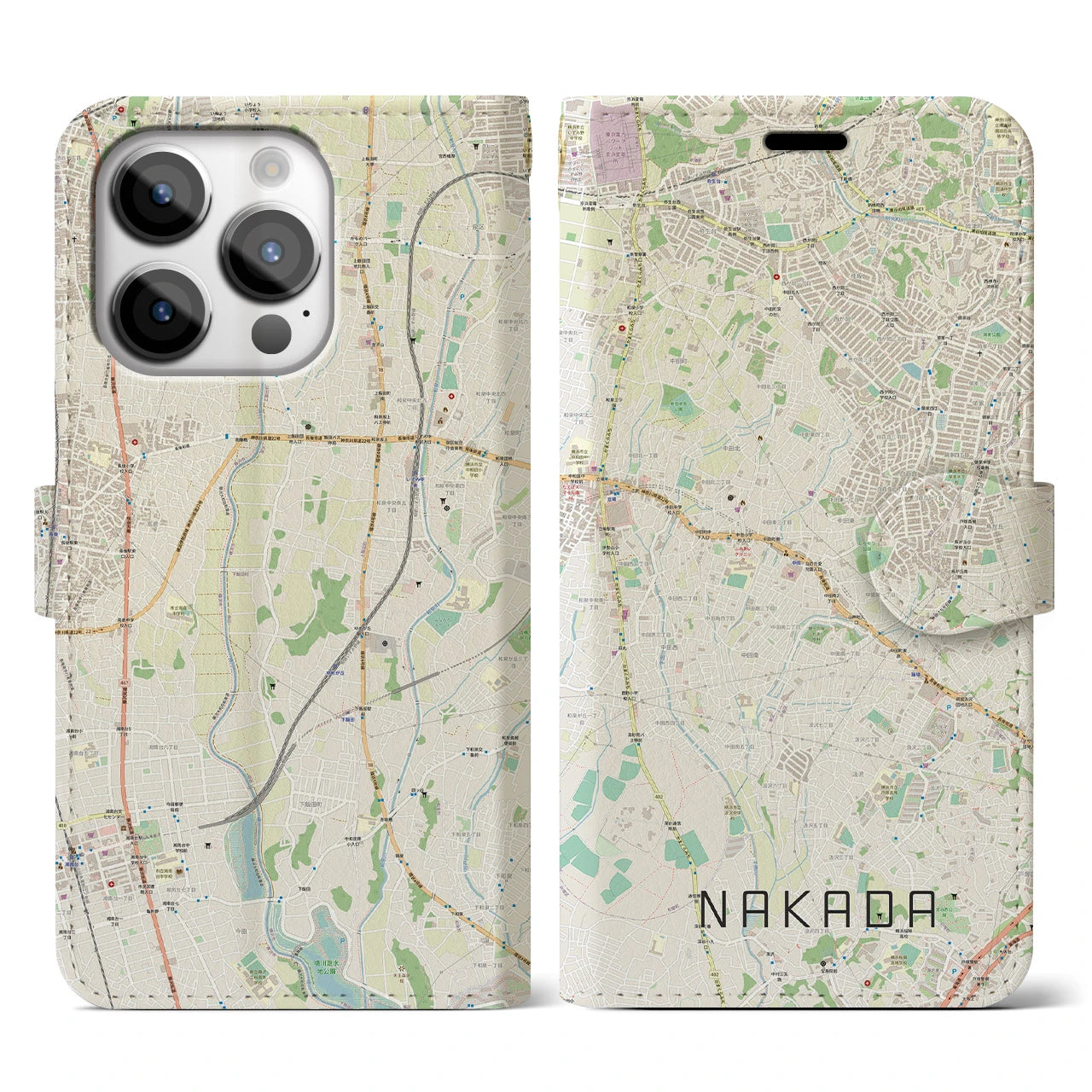 【中田】地図柄iPhoneケース（手帳両面タイプ・ナチュラル）iPhone 14 Pro 用