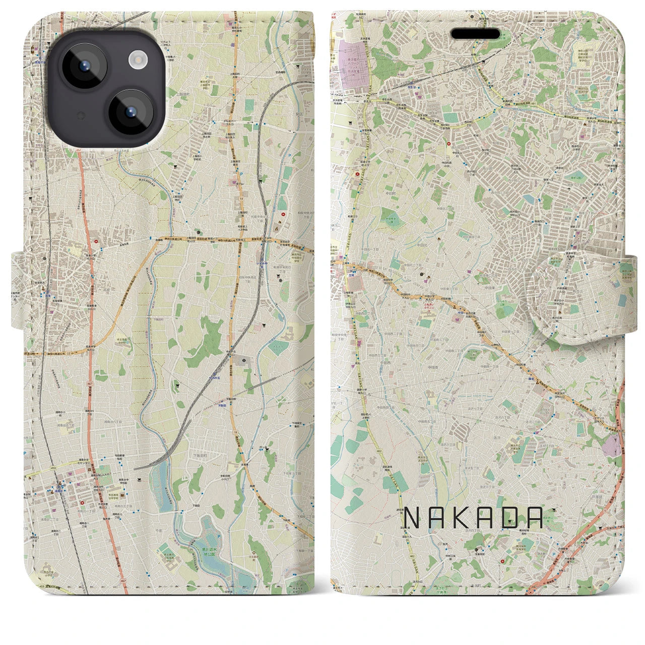 【中田】地図柄iPhoneケース（手帳両面タイプ・ナチュラル）iPhone 14 Plus 用