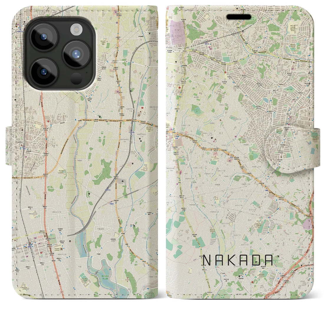 【中田】地図柄iPhoneケース（手帳両面タイプ・ナチュラル）iPhone 15 Pro Max 用