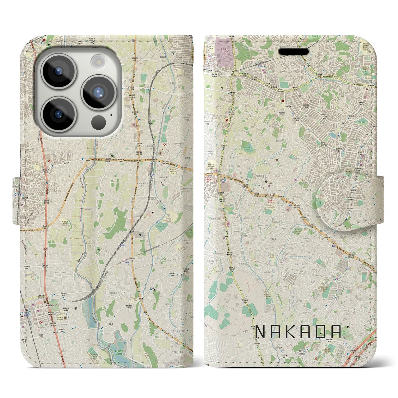 【中田】地図柄iPhoneケース（手帳両面タイプ・ナチュラル）iPhone 15 Pro 用