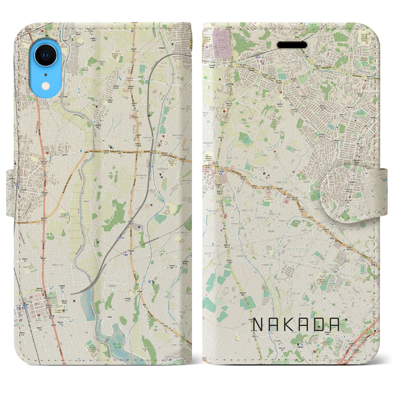 【中田】地図柄iPhoneケース（手帳両面タイプ・ナチュラル）iPhone XR 用