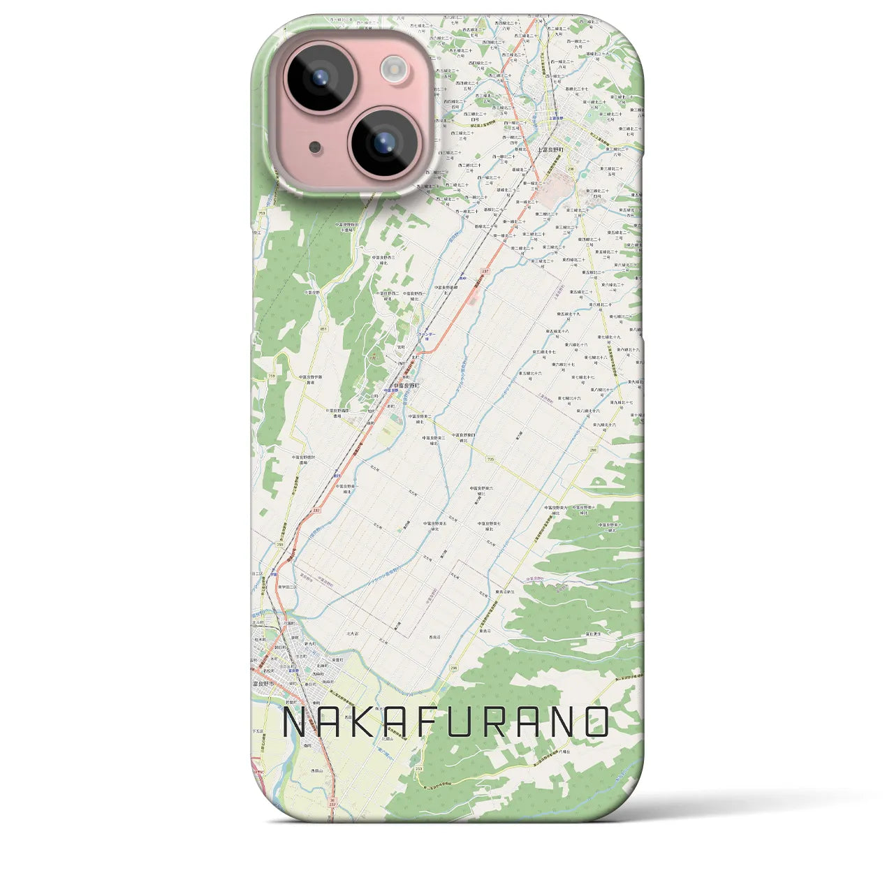 【中富良野】地図柄iPhoneケース（バックカバータイプ・ナチュラル）iPhone 15 Plus 用