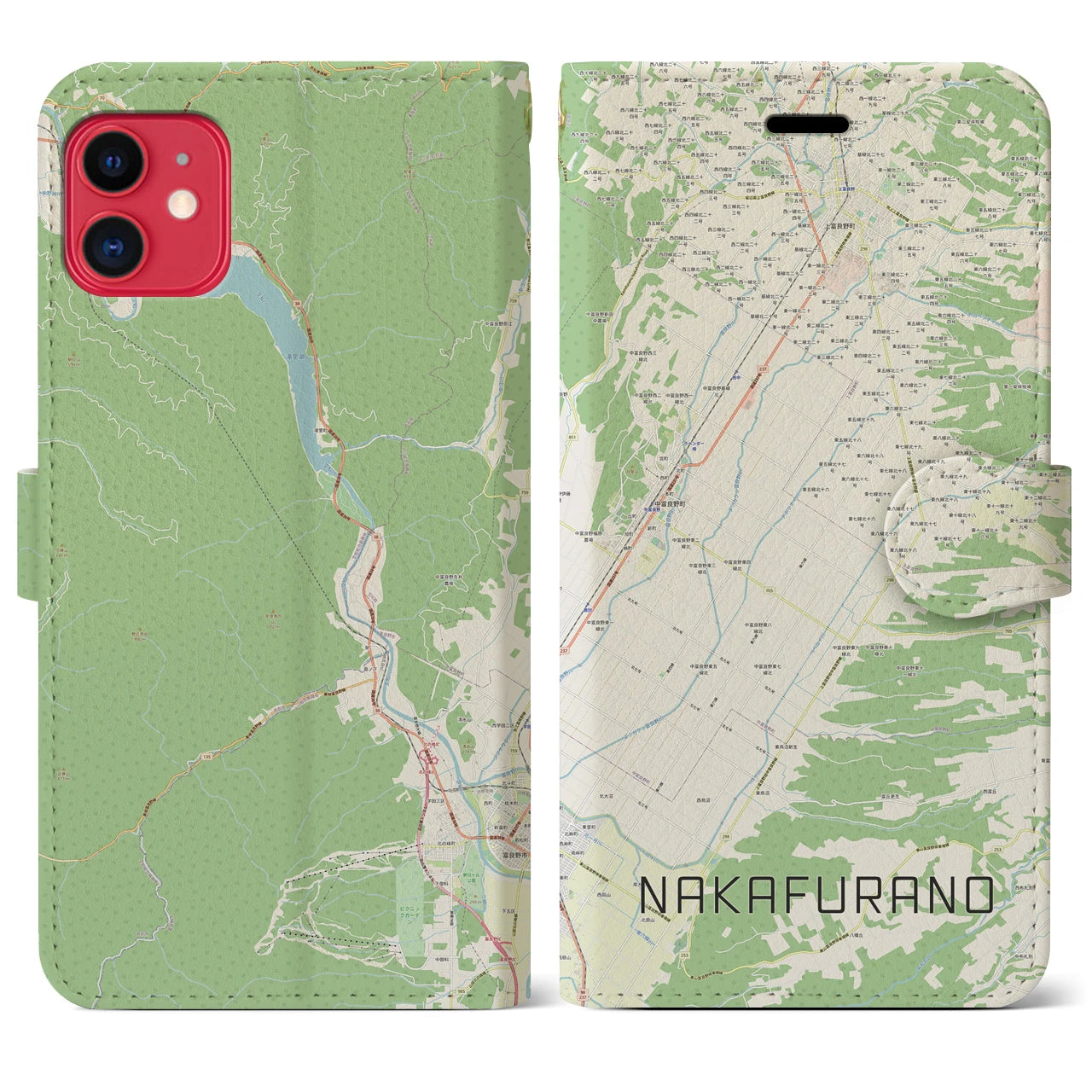 【中富良野】地図柄iPhoneケース（手帳両面タイプ・ナチュラル）iPhone 11 用