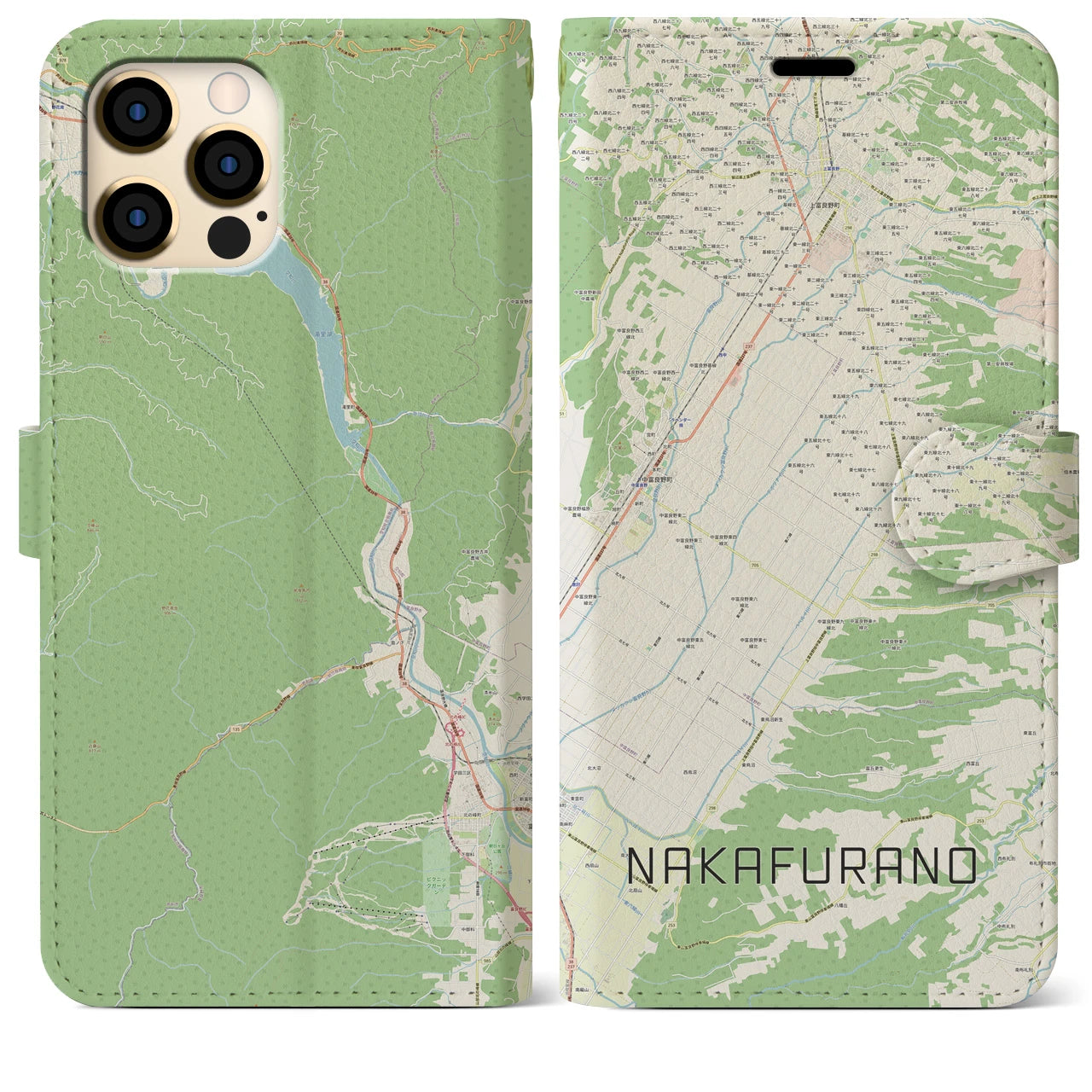 【中富良野】地図柄iPhoneケース（手帳両面タイプ・ナチュラル）iPhone 12 Pro Max 用