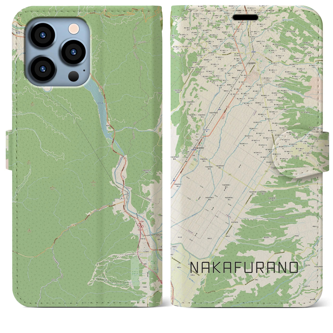 【中富良野】地図柄iPhoneケース（手帳両面タイプ・ナチュラル）iPhone 13 Pro Max 用