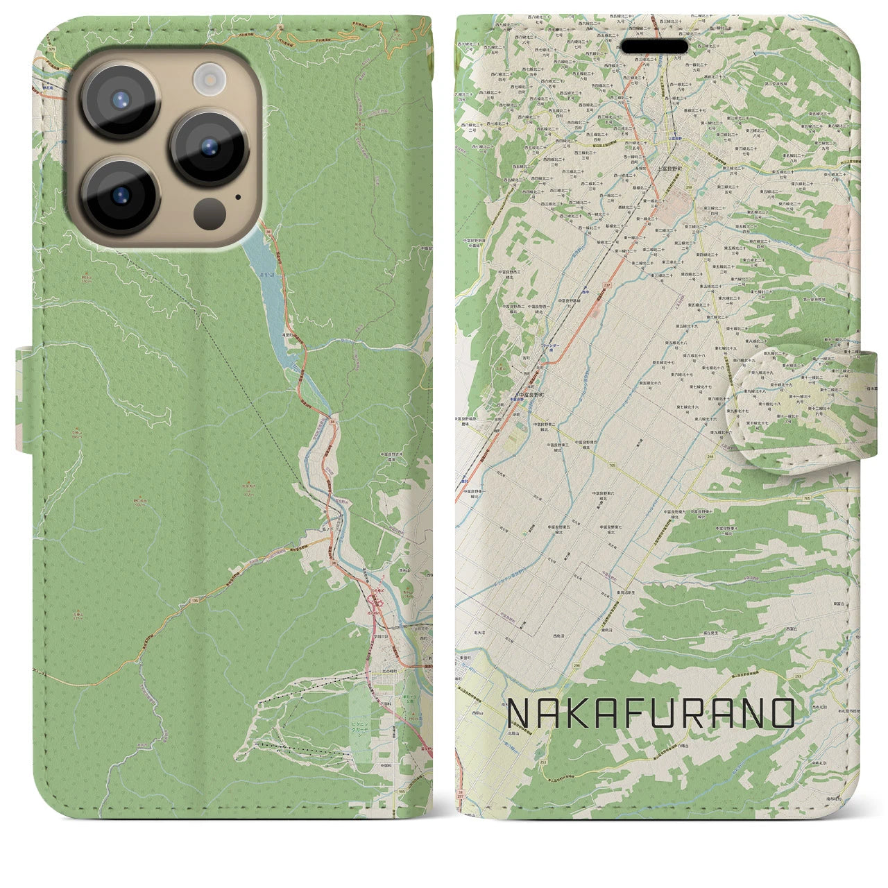 【中富良野】地図柄iPhoneケース（手帳両面タイプ・ナチュラル）iPhone 14 Pro Max 用