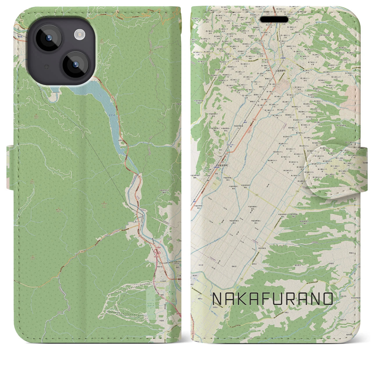 【中富良野】地図柄iPhoneケース（手帳両面タイプ・ナチュラル）iPhone 14 Plus 用