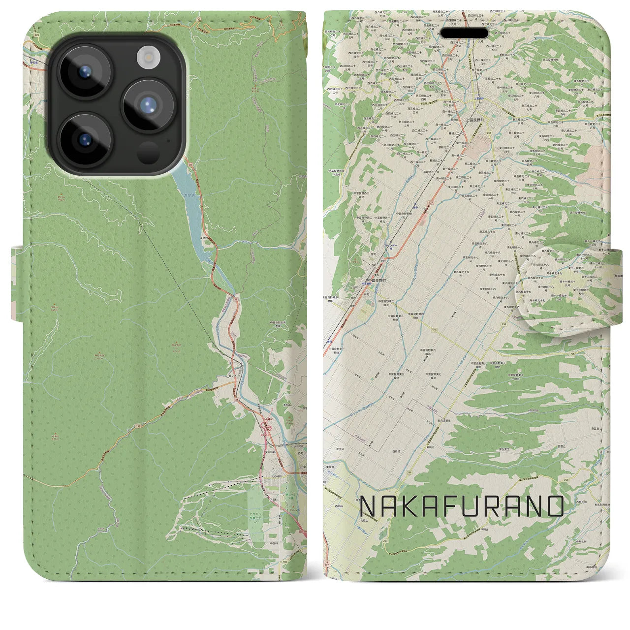 【中富良野】地図柄iPhoneケース（手帳両面タイプ・ナチュラル）iPhone 15 Pro Max 用