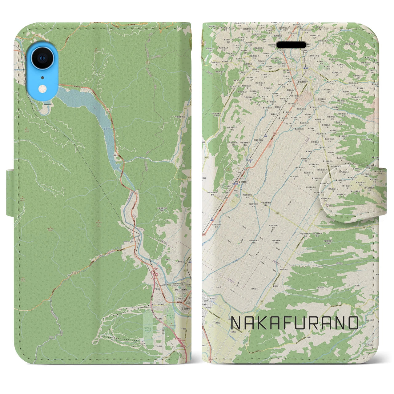 【中富良野】地図柄iPhoneケース（手帳両面タイプ・ナチュラル）iPhone XR 用