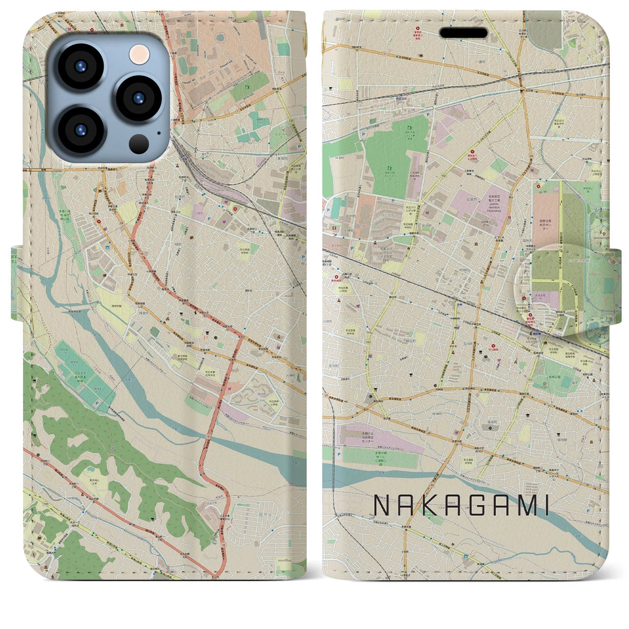 【中神】地図柄iPhoneケース（手帳両面タイプ・ナチュラル）iPhone 13 Pro Max 用