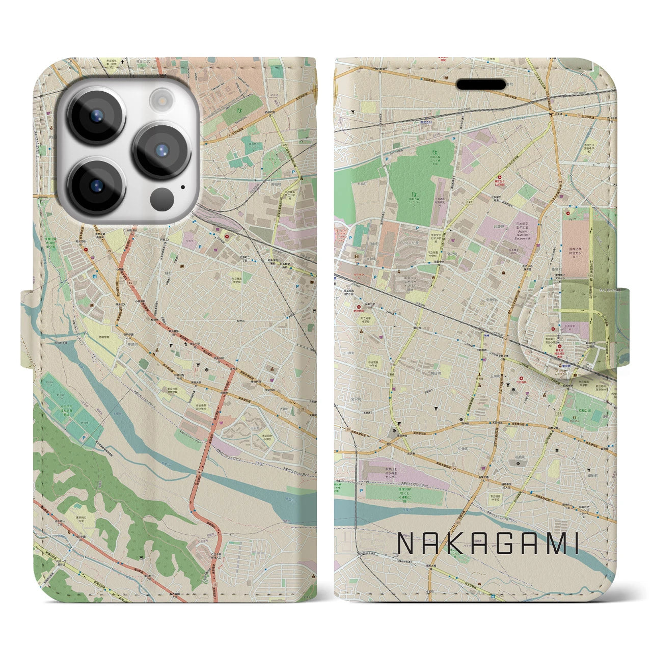 【中神】地図柄iPhoneケース（手帳両面タイプ・ナチュラル）iPhone 14 Pro 用