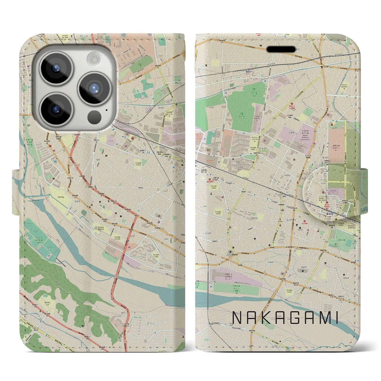 【中神】地図柄iPhoneケース（手帳両面タイプ・ナチュラル）iPhone 15 Pro 用