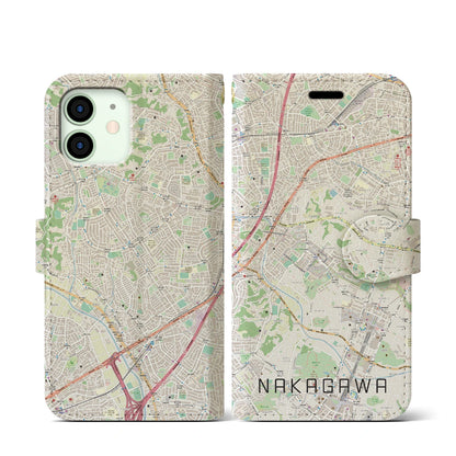 【中川（神奈川県）】地図柄iPhoneケース（手帳タイプ）ナチュラル・iPhone 12 mini 用