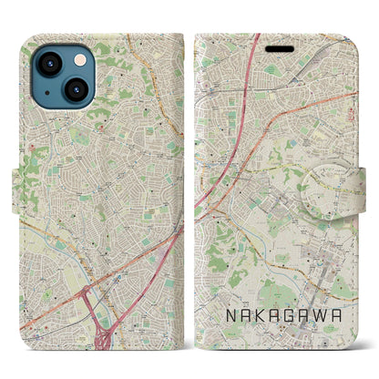 【中川（神奈川県）】地図柄iPhoneケース（手帳タイプ）ナチュラル・iPhone 13 用