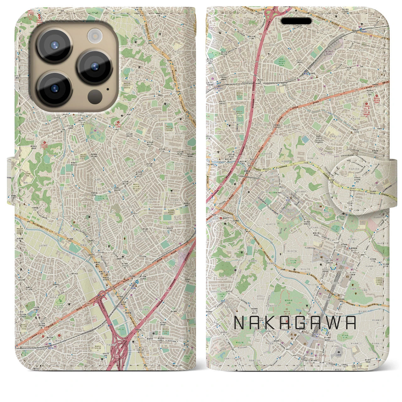 【中川】地図柄iPhoneケース（手帳両面タイプ・ナチュラル）iPhone 14 Pro Max 用