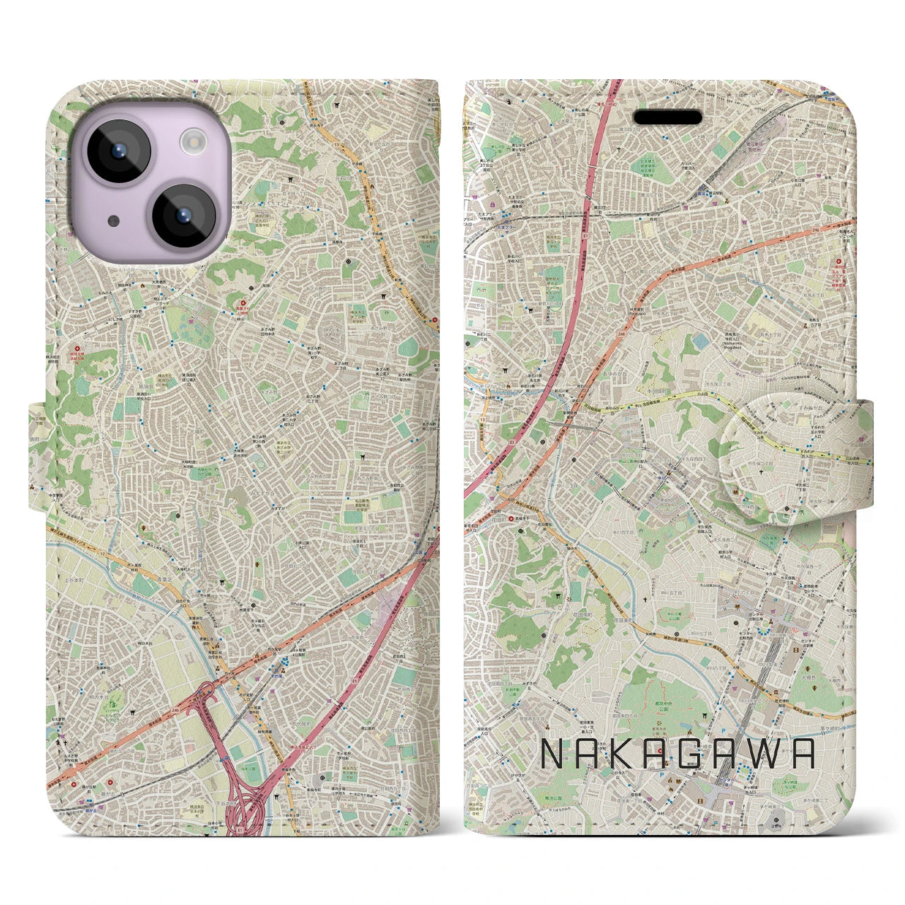 【中川】地図柄iPhoneケース（手帳両面タイプ・ナチュラル）iPhone 14 用