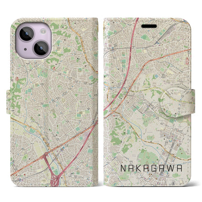 【中川（神奈川県）】地図柄iPhoneケース（手帳タイプ）ナチュラル・iPhone 14 用