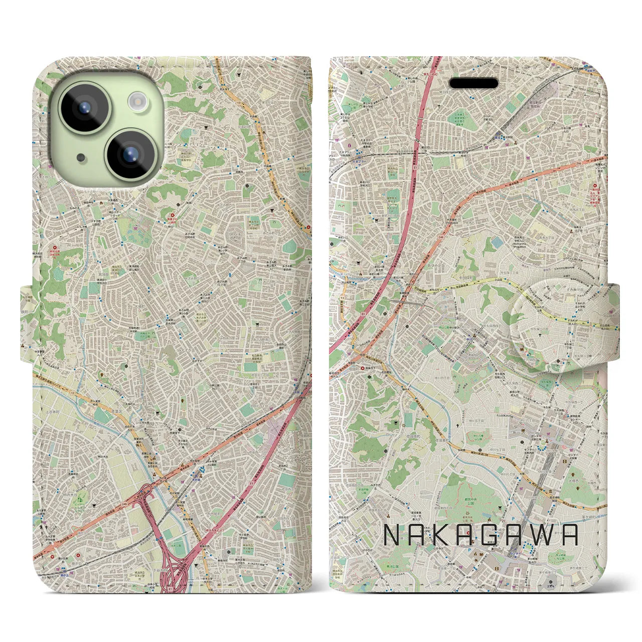 【中川】地図柄iPhoneケース（手帳両面タイプ・ナチュラル）iPhone 15 用
