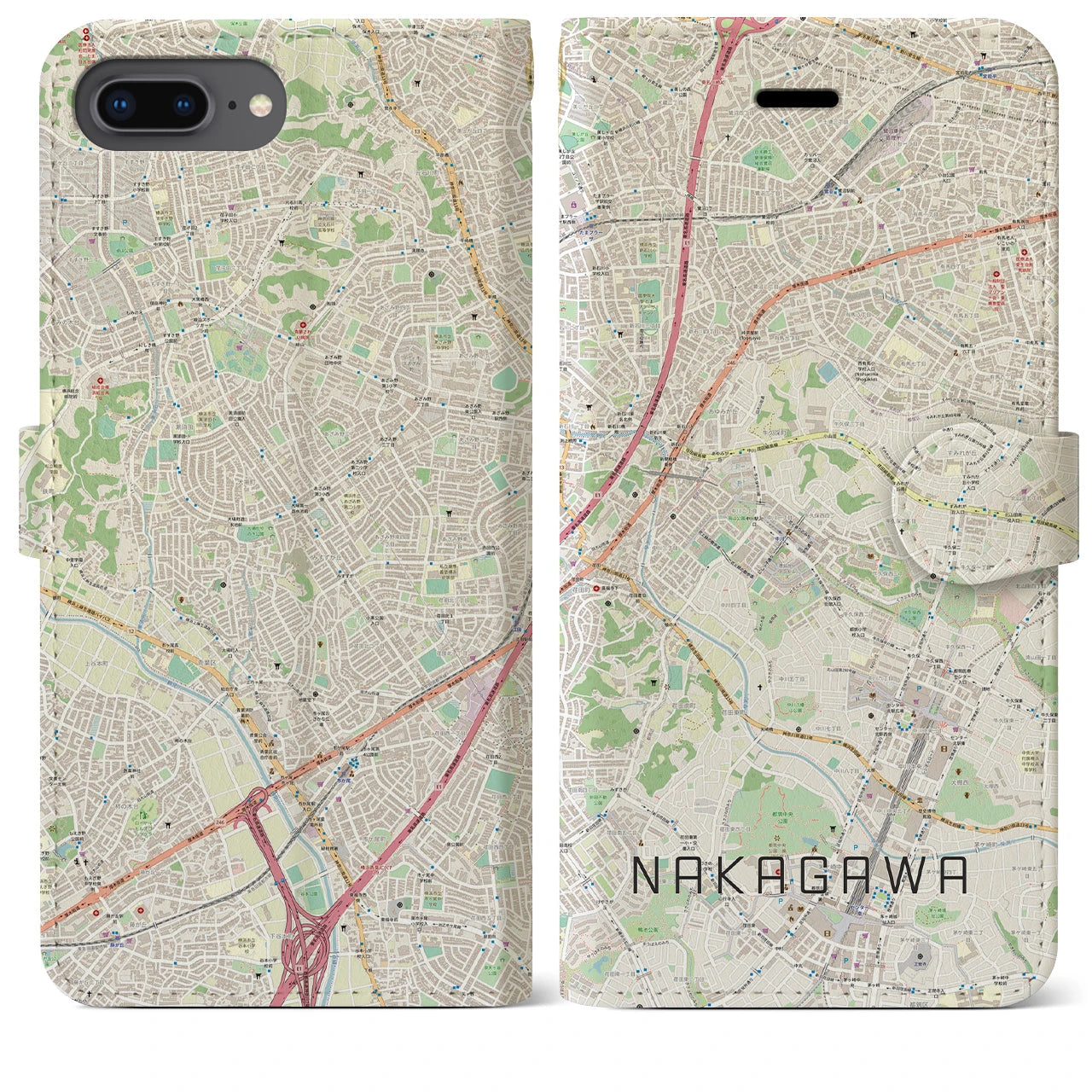 【中川】地図柄iPhoneケース（手帳両面タイプ・ナチュラル）iPhone 8Plus /7Plus / 6sPlus / 6Plus 用
