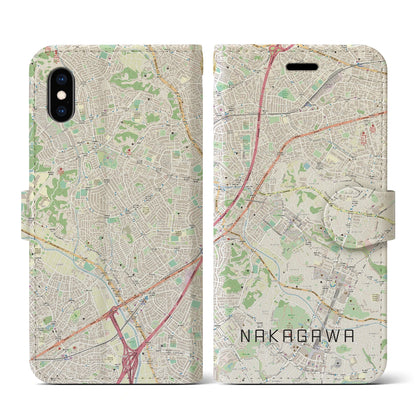 【中川（神奈川県）】地図柄iPhoneケース（手帳タイプ）ナチュラル・iPhone XS / X 用