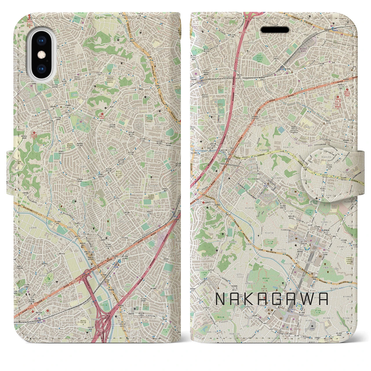 【中川】地図柄iPhoneケース（手帳両面タイプ・ナチュラル）iPhone XS Max 用