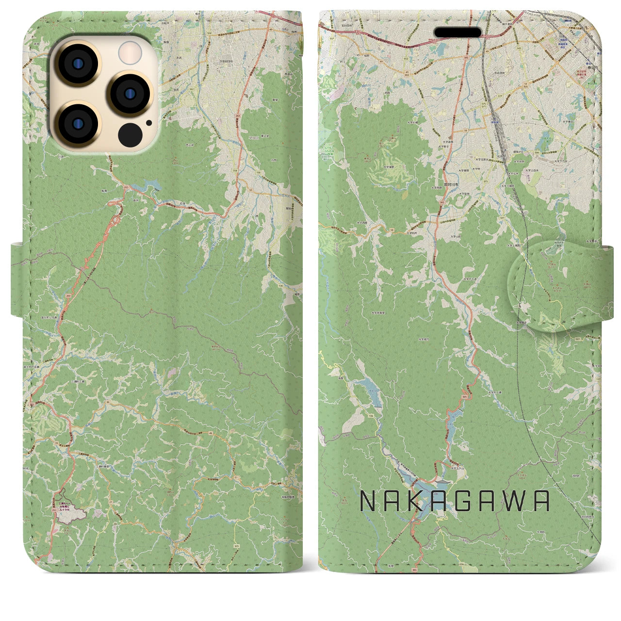【那珂川】地図柄iPhoneケース（手帳両面タイプ・ナチュラル）iPhone 12 Pro Max 用