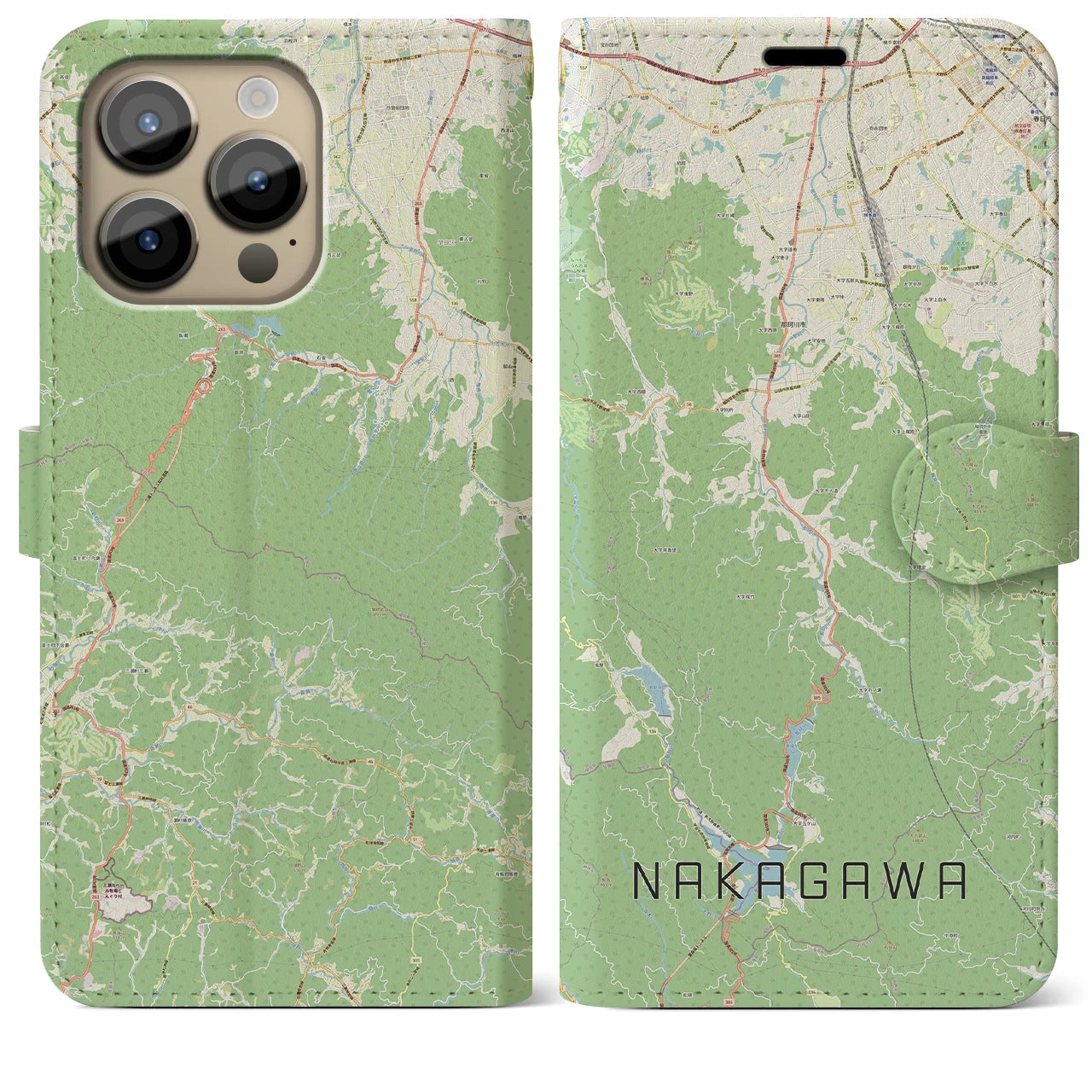【那珂川】地図柄iPhoneケース（手帳両面タイプ・ナチュラル）iPhone 14 Pro Max 用