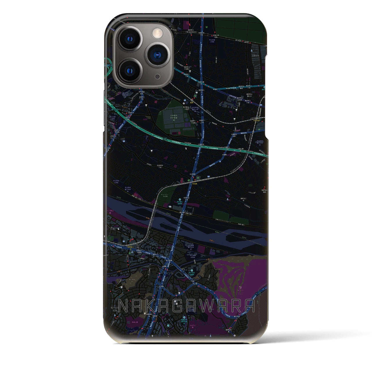 【中河原】地図柄iPhoneケース（バックカバータイプ・ブラック）iPhone 11 Pro Max 用