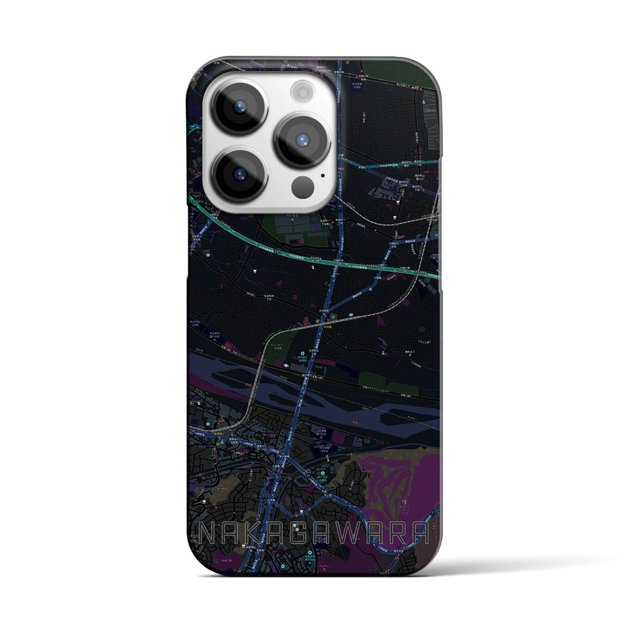 【中河原】地図柄iPhoneケース（バックカバータイプ・ブラック）iPhone 14 Pro 用
