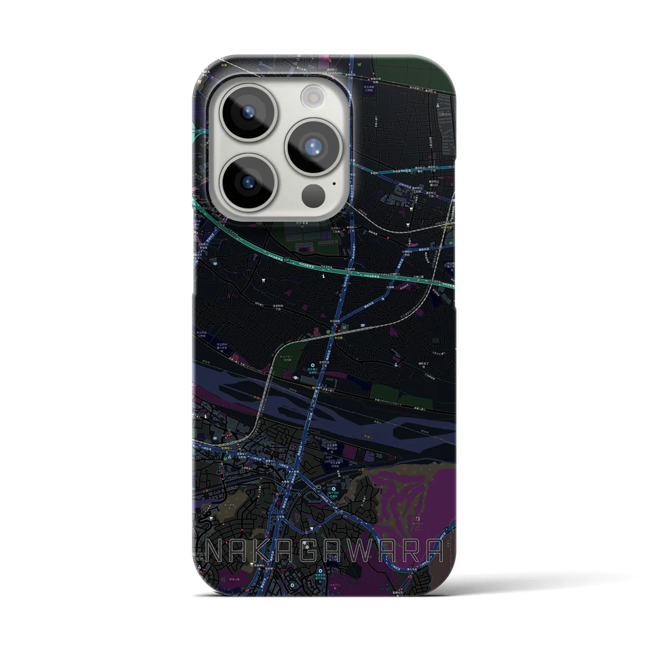 【中河原】地図柄iPhoneケース（バックカバータイプ・ブラック）iPhone 15 Pro 用