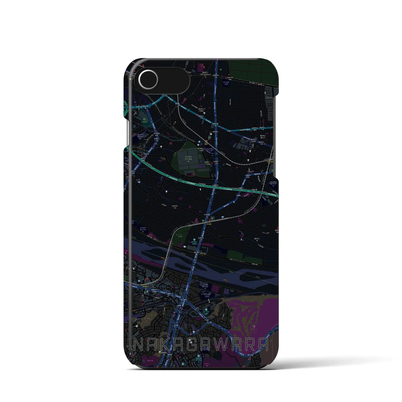 【中河原】地図柄iPhoneケース（バックカバータイプ・ブラック）iPhone SE（第3 / 第2世代） / 8 / 7 / 6s / 6 用