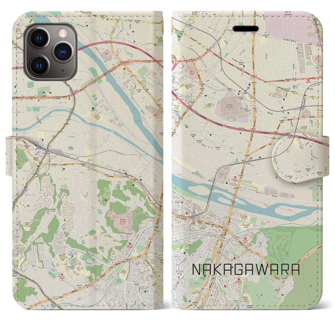 【中河原】地図柄iPhoneケース（手帳両面タイプ・ナチュラル）iPhone 11 Pro Max 用