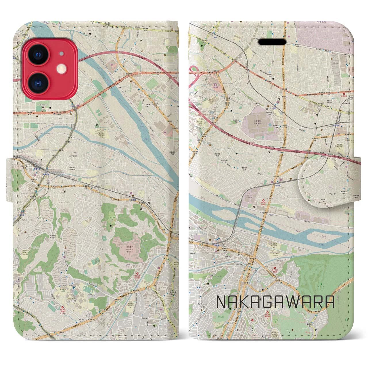 【中河原】地図柄iPhoneケース（手帳両面タイプ・ナチュラル）iPhone 11 用