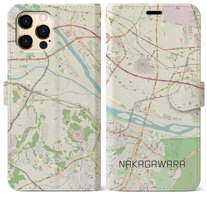 【中河原（東京都）】地図柄iPhoneケース（手帳タイプ）ナチュラル・iPhone 12 Pro Max 用