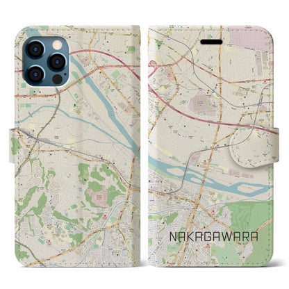 【中河原（東京都）】地図柄iPhoneケース（手帳タイプ）ナチュラル・iPhone 12 / 12 Pro 用