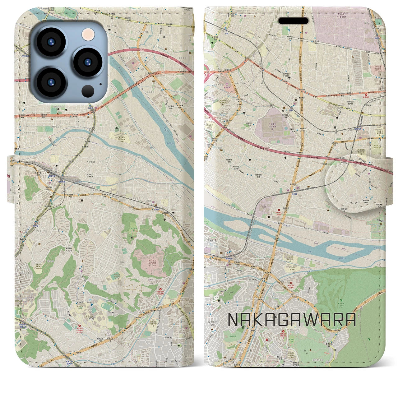 【中河原】地図柄iPhoneケース（手帳両面タイプ・ナチュラル）iPhone 13 Pro Max 用