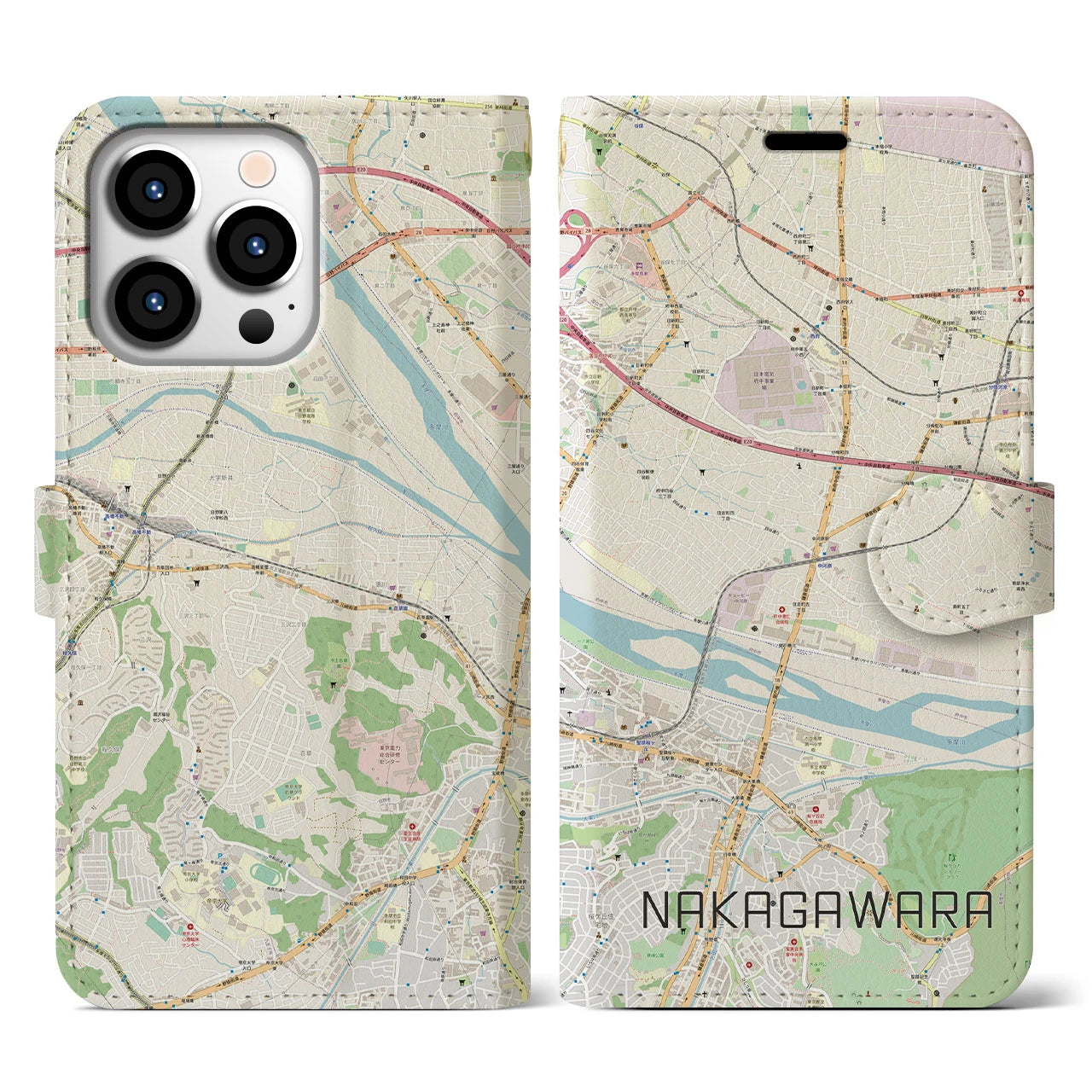 【中河原】地図柄iPhoneケース（手帳両面タイプ・ナチュラル）iPhone 13 Pro 用