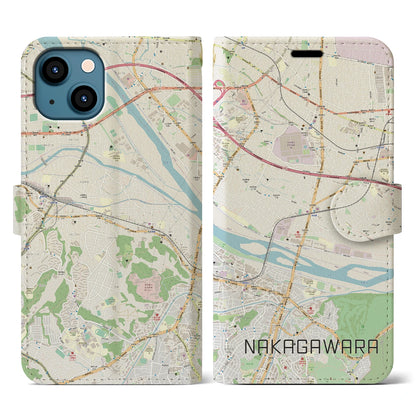 【中河原（東京都）】地図柄iPhoneケース（手帳タイプ）ナチュラル・iPhone 13 用