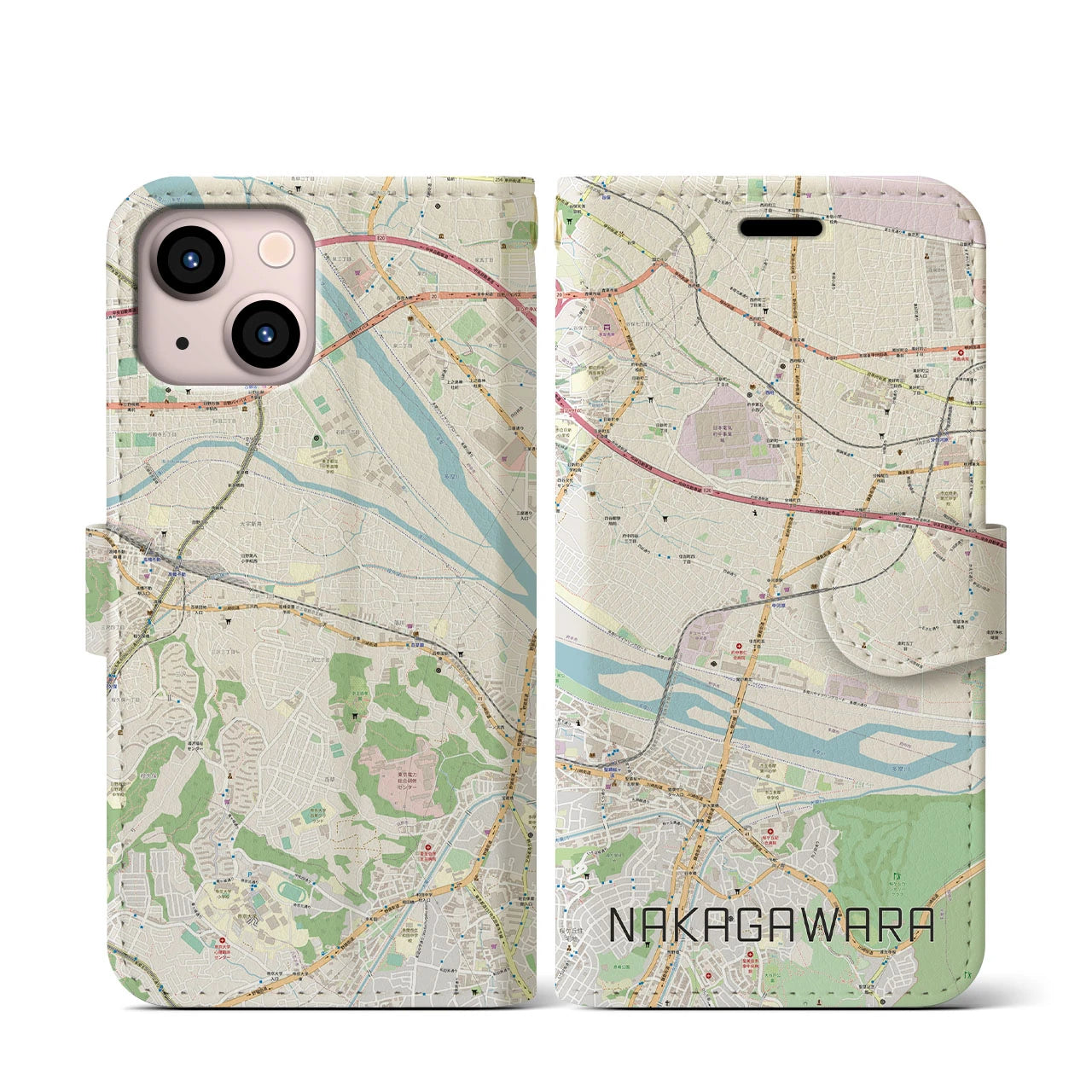 【中河原】地図柄iPhoneケース（手帳両面タイプ・ナチュラル）iPhone 13 mini 用