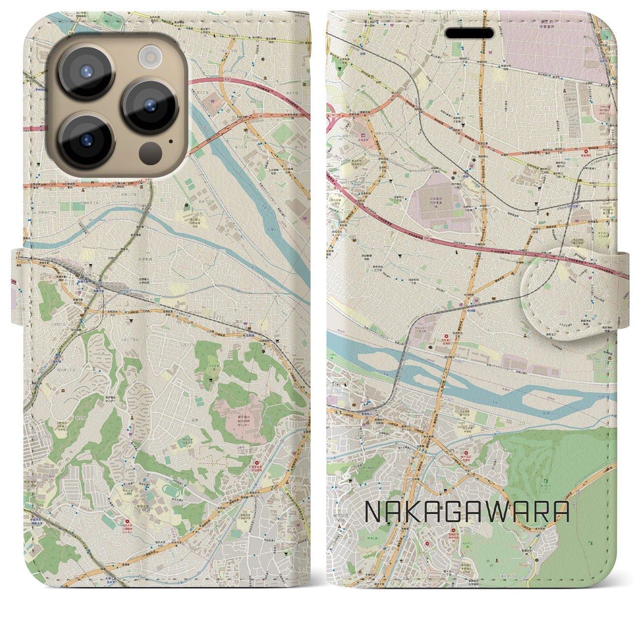 【中河原】地図柄iPhoneケース（手帳両面タイプ・ナチュラル）iPhone 14 Pro Max 用